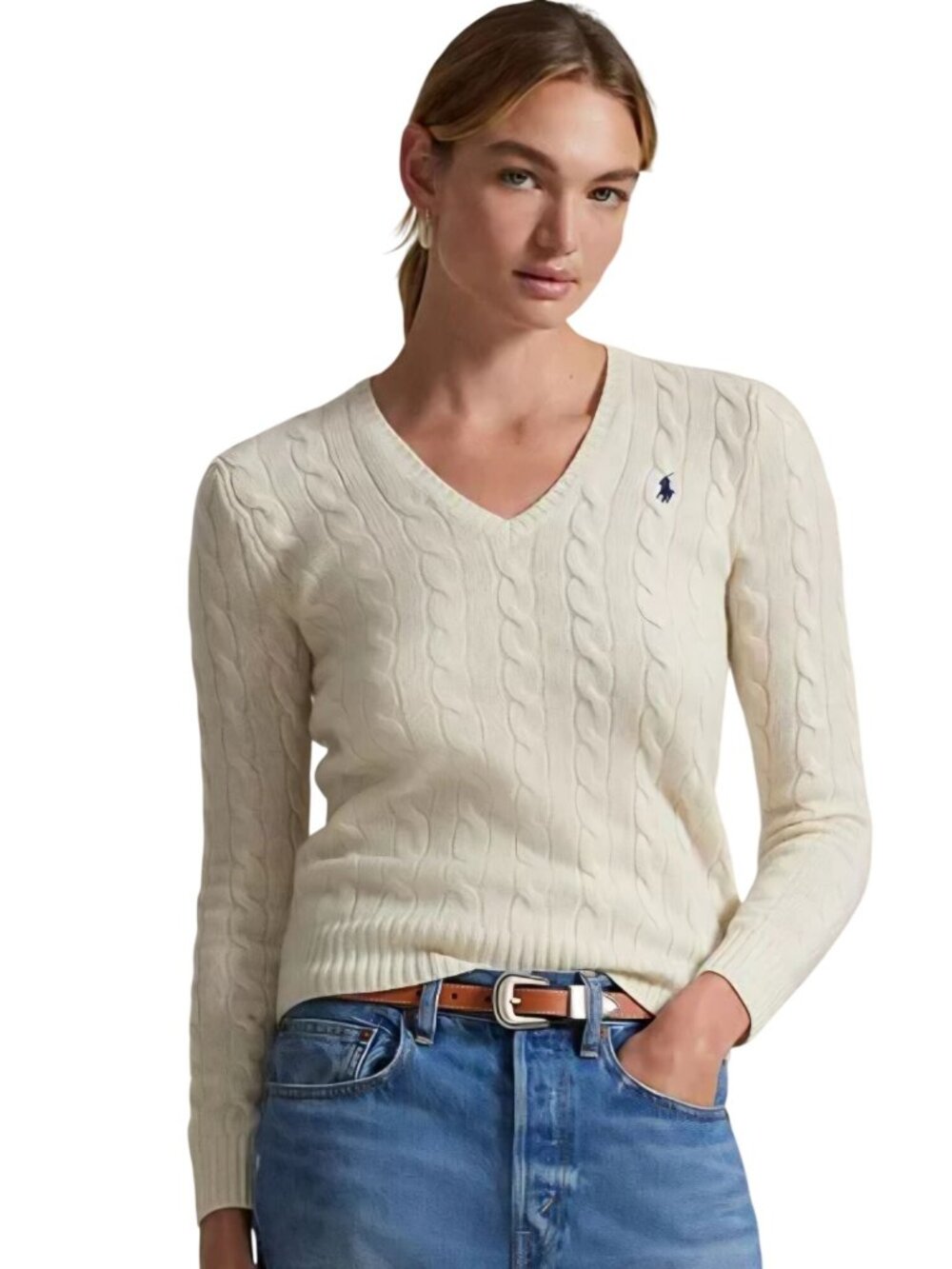 Polo Ralph Lauren CableKnit Sustainable Cotton V Neck Classic Sweater Size M